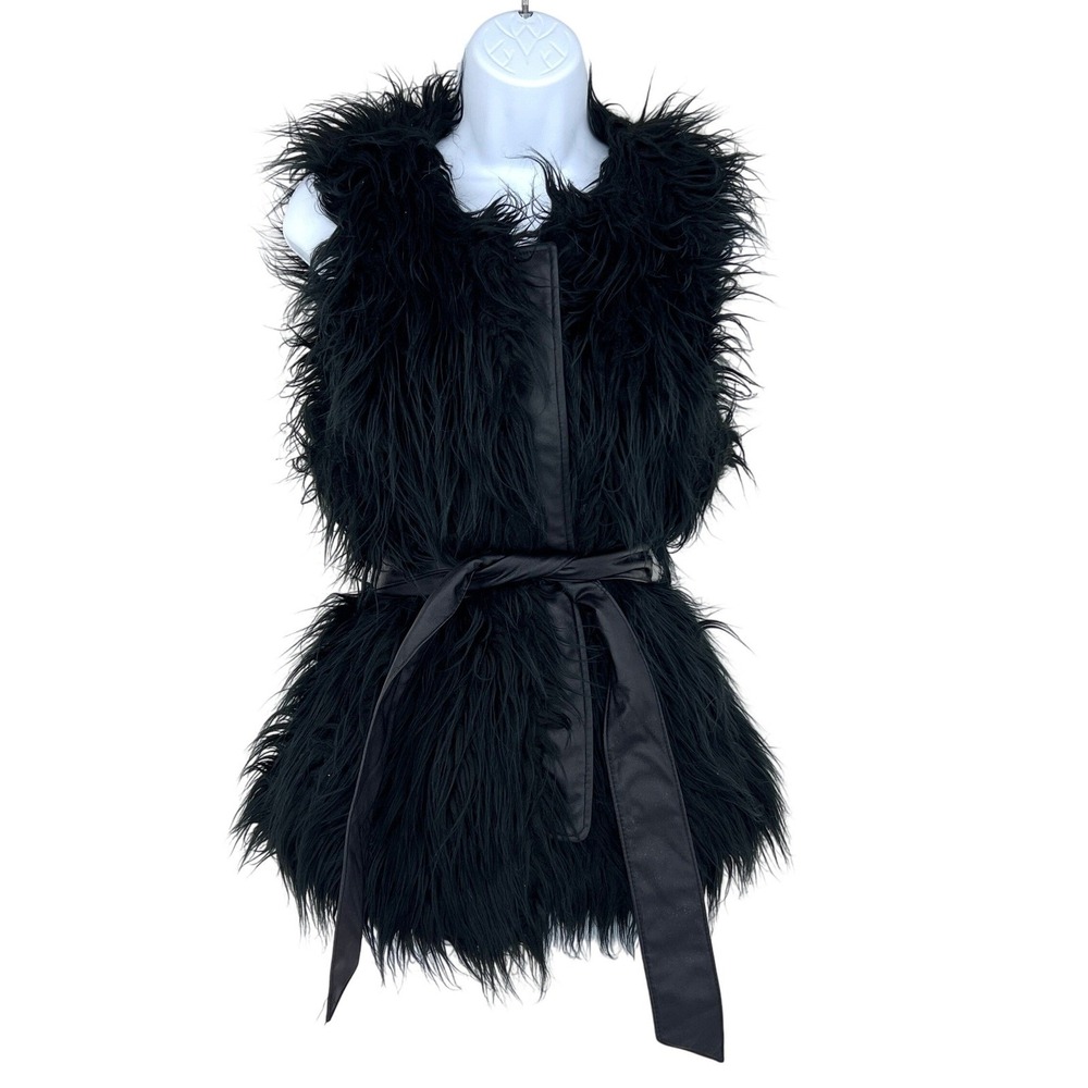vintage Y2K faux fur vest belted Bratz‎ style Black M Mob Wife Boho